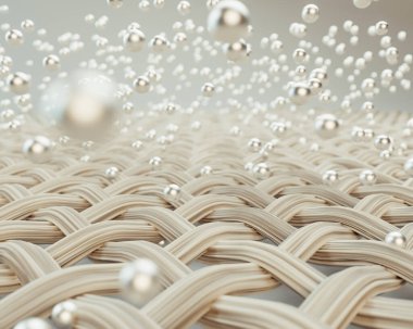 İzole edilmiş arka planda gümüş moleküller tarafından delinen krem kumaş ipliklerinin aşırı büyültülmesi - 3 boyutlu görüntüleme