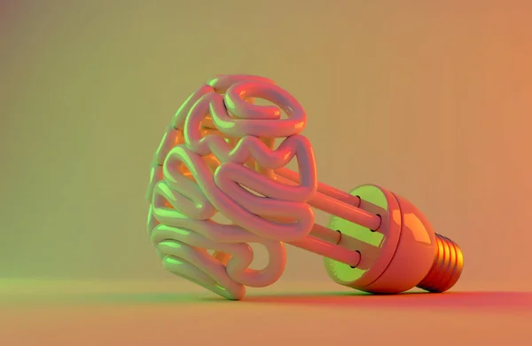 一个未点亮的荧光灯灯泡 形状像一个风格化的大脑在一个孤立的彩色糖果工作室背景 3D渲染 — 图库照片
