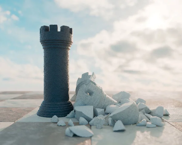 Ένα Μαύρο Κάστρο Σκακιού Που Αντιτίθεται Ένα Κατεστραμμένο Λευκό Κάστρο — Φωτογραφία Αρχείου