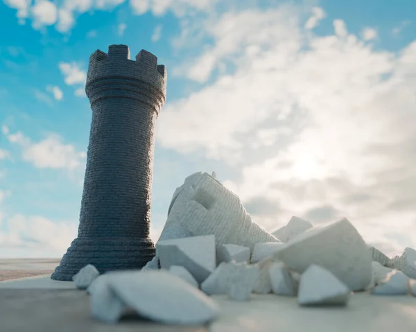 一个黑色国际象棋城堡 与棋盘表面和天空背景上被摧毁的白色城堡相对立 3D渲染 — 图库照片