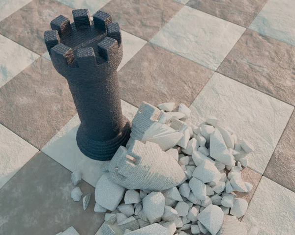 一个黑色国际象棋城堡 与棋盘表面和天空背景上被摧毁的白色城堡相对立 3D渲染 — 图库照片