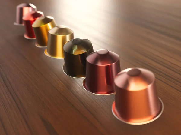 一排排五颜六色的速溶浓缩咖啡胶囊浮在孤立的木制背景之上的特写镜头 3D渲染 — 图库照片