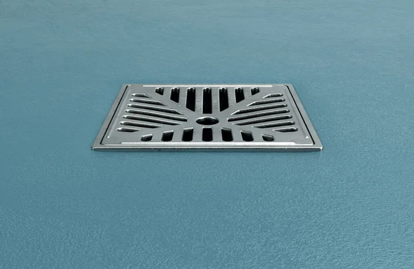 青い床面に設定された正方形のクロムドレインの閉鎖 3Dレンダリング — ストック写真