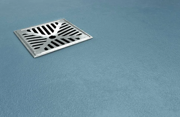 青い床面に設定された正方形のクロムドレインの閉鎖 3Dレンダリング — ストック写真