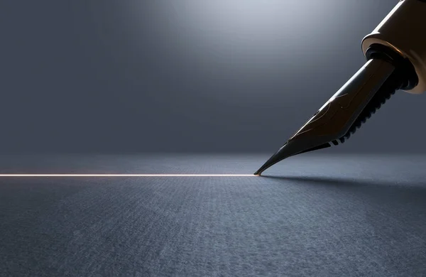 Widok Bliska Ozdobnego Pióra Fontanny Rysującego Prostą Podświetlaną Neonową Linię — Zdjęcie stockowe