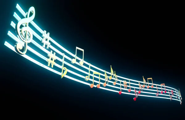 金の金属製の音楽記号と音符と輝くネオンオクターブ線で構成された波状の音楽ライン 3Dレンダリング — ストック写真