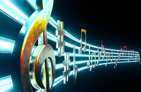 Sebuah Baris Bergelombang Musik Yang Terbuat Dari Emas Logam Simbol — Stok Foto