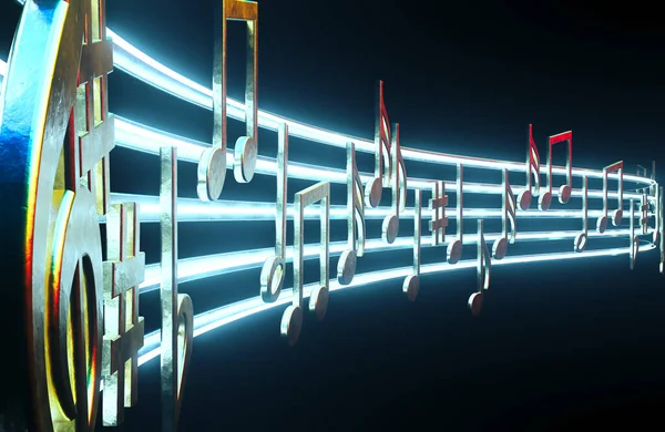 Волнистая Линия Музыки Золотых Металлических Музыкальных Символов Нот Светящихся Неоновых — стоковое фото