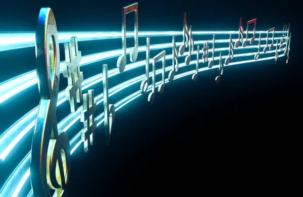 Волнистая Линия Музыки Золотых Металлических Музыкальных Символов Нот Светящихся Неоновых — стоковое фото