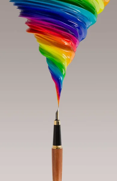 Conceito Mostrando Uma Caneta Tinteiro Lançando Uma Pluma Rodopiante Tinta — Fotografia de Stock