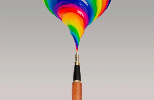 在一个孤立的光线背景下 喷出一缕浓密彩虹色墨水的漩涡的钢笔的概念 3D渲染 — 图库照片