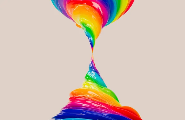 在孤立的背景下 由光滑明亮的彩虹色构成的两个相连的旋风涡旋的概念 3D渲染 — 图库照片