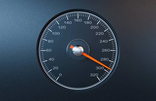 オレンジの針が孤立した黒の背景で高速を指している普通の車の速度計 3Dレンダリング — ストック写真