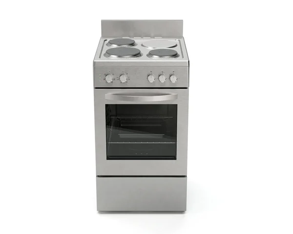 ブラシ付きアルミ一般的なブランドの自立式家庭用ストーブと独立した背景にオーブンキッチン家電ユニット 3Dレンダリング — ストック写真