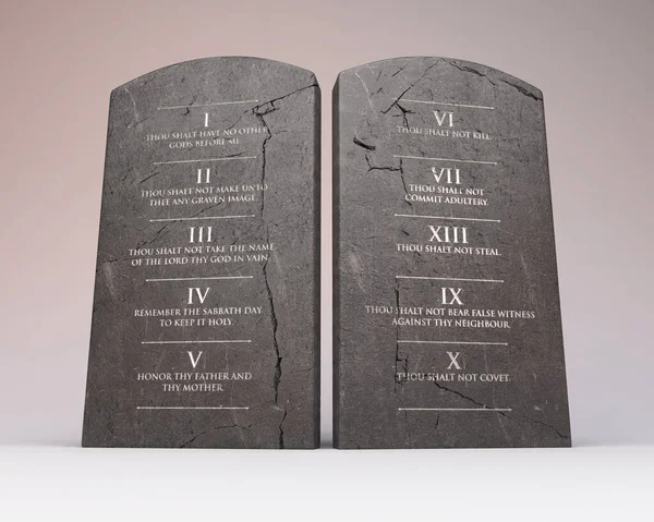 Dwie Popękane Kamienne Tablice Dziesięcioma Przykazaniami Wyrytymi Odosobnionym Tle Renderowanie — Zdjęcie stockowe