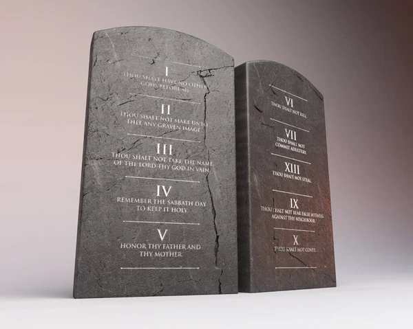 Две Трещины Каменных Табличек Десятью Заповедями Выгравированными Изолированном Фоне Рендеринг — стоковое фото