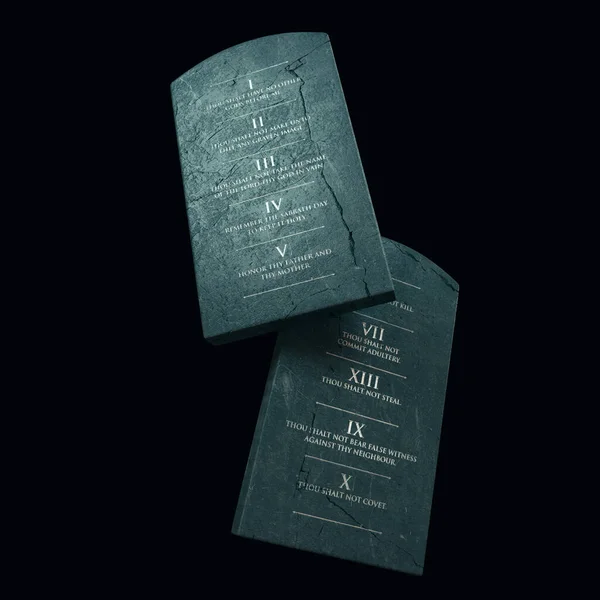 Two Cracked Stone Tablets Ten Commandments Etched Them Floating Dark — Stock Photo, Image