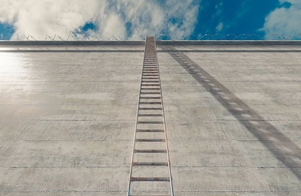 콘크리트 위에는 사다리가 철조망이 올려져 위에는 렌더링이 올려져 — 스톡 사진