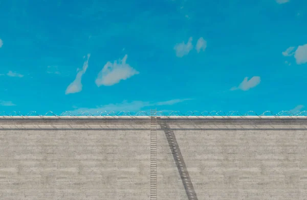 Wysoka Betonowa Ściana Zwieńczona Drutem Kolczastym Długą Drabiną Metalową Opartą — Zdjęcie stockowe