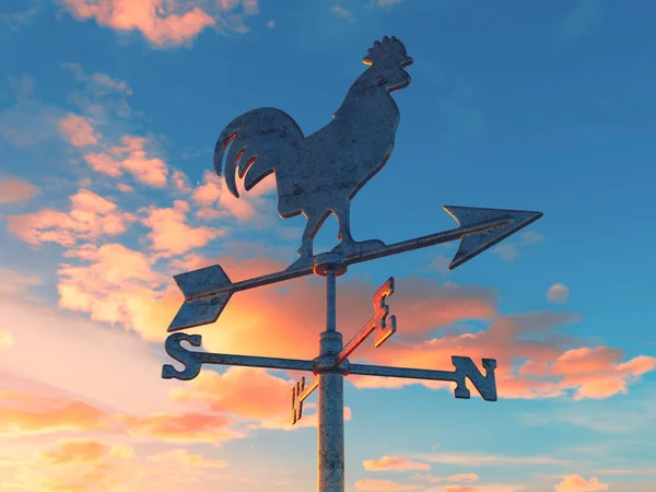 在黎明的天空背景上 有一个有雄蕊图案的普通金属风鸡风帆 3D渲染 — 图库照片