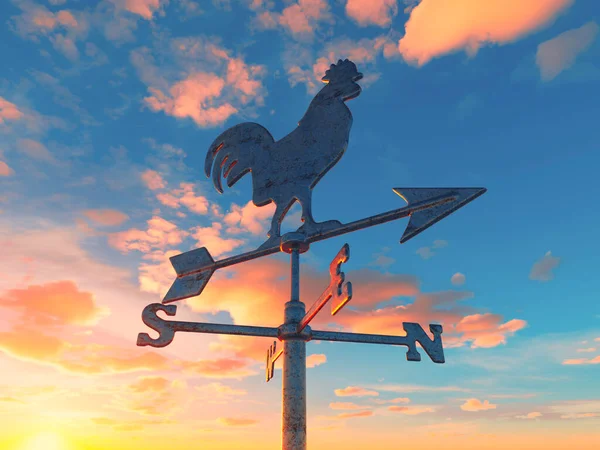 stock image A regular metal wind cock weathervane with a cockeral motif facing on a dawn sky background - 3D render