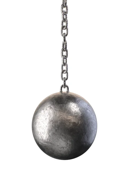 一种固定的金属碎屑球 装在白色孤立的背景上的链子上 3D渲染 — 图库照片