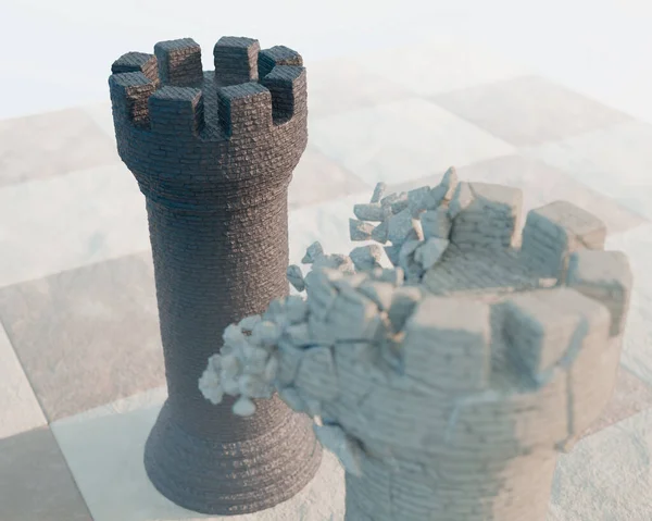 チェス盤の表面と空の背景に崩壊した白い城に反対する黒いチェスの城 3Dレンダリング — ストック写真