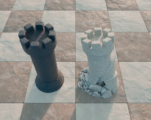 チェス盤の表面と空の背景に崩壊した白い城に反対する黒いチェスの城 3Dレンダリング — ストック写真
