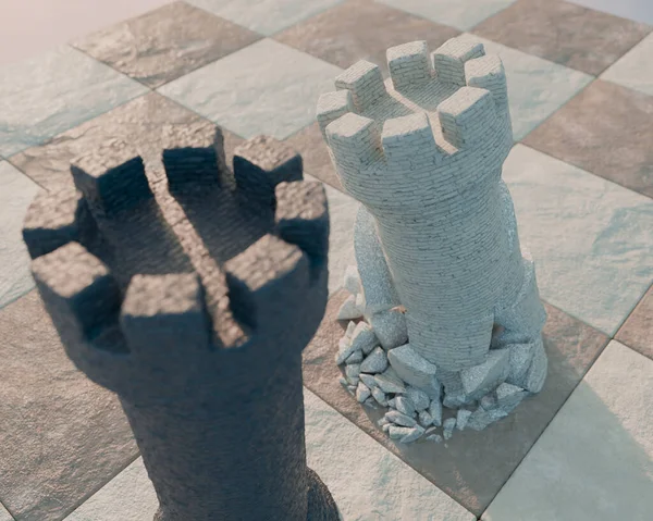 一个黑色国际象棋城堡 与棋盘表面和天空背景上摇摇欲坠的白色城堡相对立 3D渲染 — 图库照片