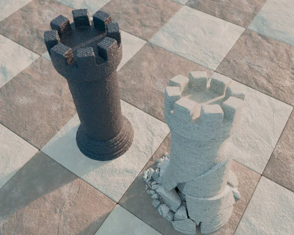 一个黑色国际象棋城堡 与棋盘表面和天空背景上摇摇欲坠的白色城堡相对立 3D渲染 — 图库照片
