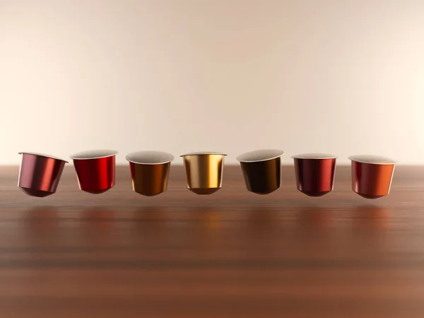 Zole Edilmiş Ahşap Zemin Üzerinde Yüzen Renkli Kahve Kapsüllerinin Yakın — Stok fotoğraf