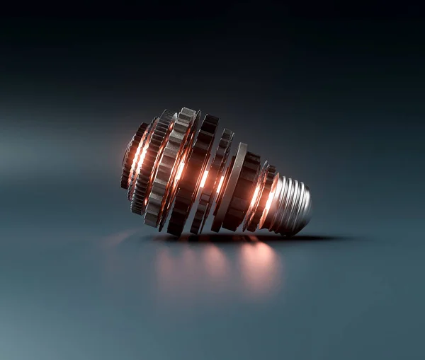 一个由金属齿轮和中央霓虹灯构成的灯泡概念在黑暗的戏剧性背景下象征着想象力 3D渲染 — 图库照片