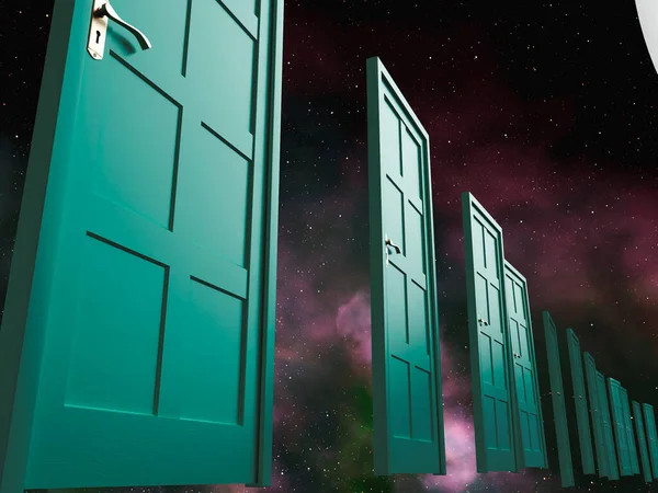 星系星云背景上漂浮着一排绿色的门 3D渲染 — 图库照片