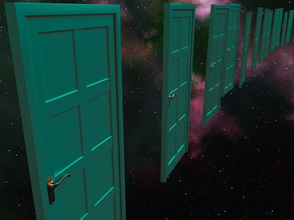 Eine Linie Grüner Türen Die Auf Einem Galaxiennebel Weltraum Schwebt — Stockfoto