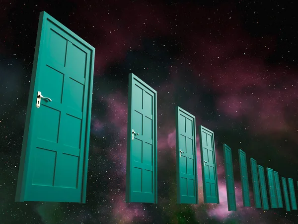 Eine Linie Grüner Türen Die Auf Einem Galaxiennebel Weltraum Schwebt — Stockfoto