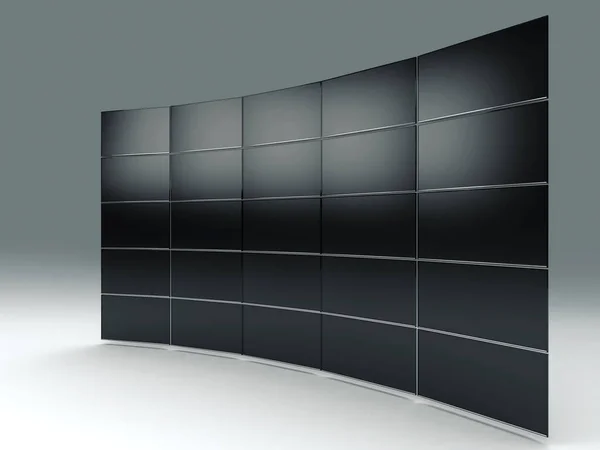 Стена Черного Телевизора Плоским Экраном Выстроенная Изогнутую Форму Изолированном Фоне — стоковое фото