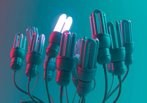 Une Ampoule Éclairée Parmi Une Collection Ampoules Tamisées Avec Leurs — Photo