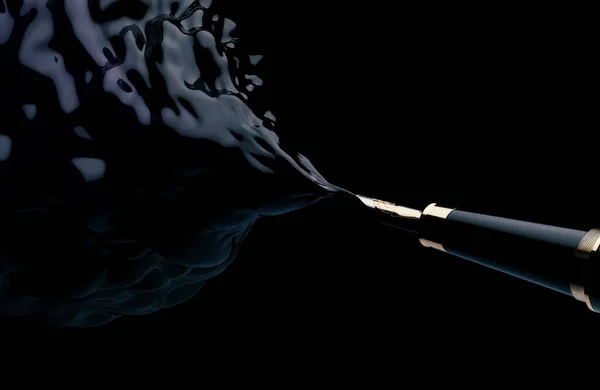 Концепция Показывающая Ручку Фонтана Выбрасывающую Вихревой Шлейф Толстых Чернил Черном — стоковое фото