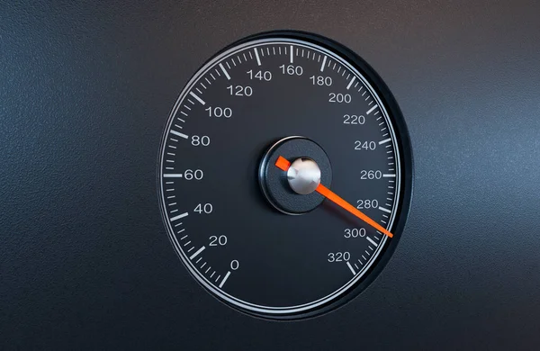 オレンジの針が孤立した黒の背景で高速を指している普通の車の速度計 3Dレンダリング — ストック写真