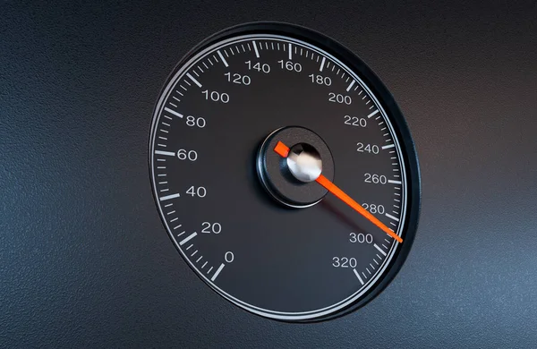 一种普通的汽车速度计 带有橙色针头 在一个孤立的黑色背景上指向高速 3D渲染 — 图库照片
