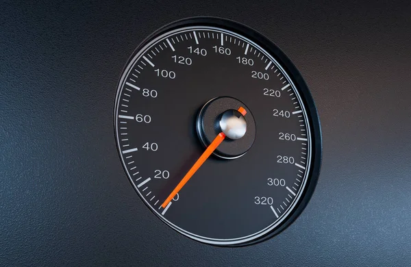 オレンジの針を持つ普通の車の速度計は 孤立した黒い背景で遅い速度を指しています 3Dレンダリング — ストック写真