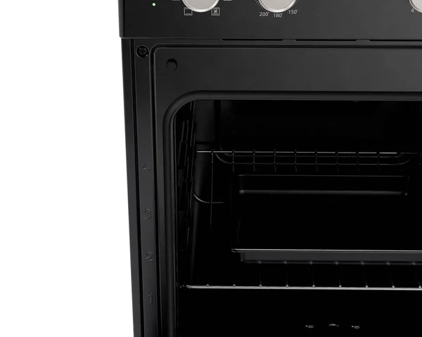 独立した背景に黒の汎用ブランドの独立した家庭用ストーブとオーブンキッチン家電ユニットのクローズアップセクション 3Dレンダリング — ストック写真