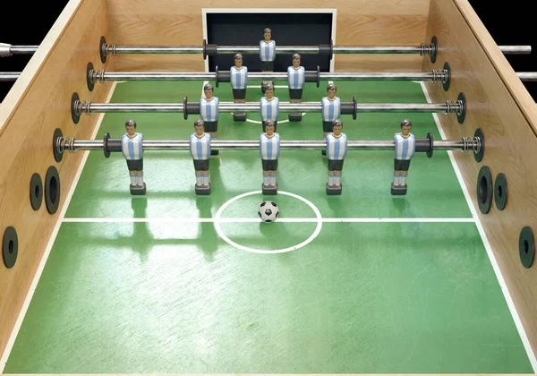 アルゼンチン代表に似たキットに身に着けているメタルフィギュアのヴィンテージサッカーテーブルまたはテーブルサッカーテーブルの片側 3Dレンダリング — ストック写真