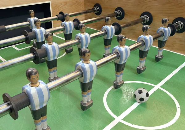 アルゼンチン代表に似たキットに身に着けているメタルフィギュアのヴィンテージサッカーテーブルまたはテーブルサッカーテーブルの片側 3Dレンダリング — ストック写真