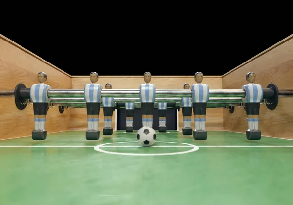 stock image One side of a vintage foosball or table football table with worn metal figures styled in kit resembling the Argentina national team - 3D render