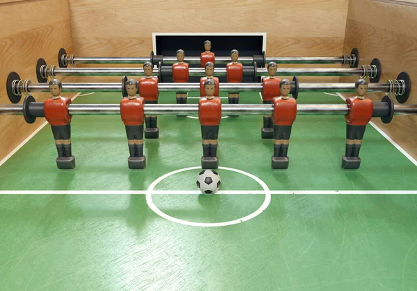 ベルギー代表に似たキットに身に着けているメタルフィギュアのヴィンテージサッカーテーブルやテーブルサッカーテーブルの片側 3Dレンダリング — ストック写真