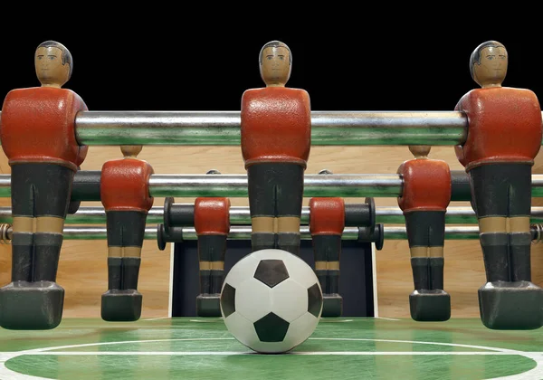 老式足球或桌上足球桌子的一边 有磨损的金属雕像 形状与比利时国家队相似 3D渲染 — 图库照片