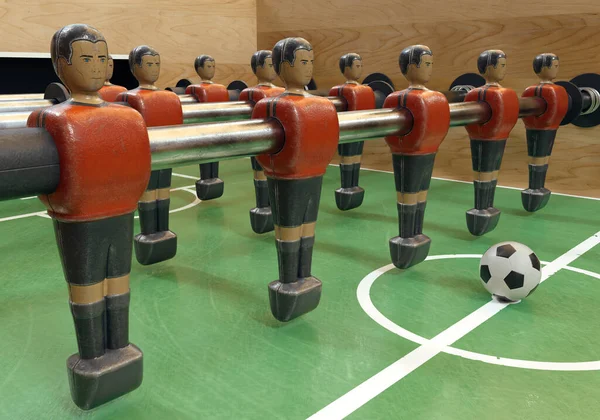 老式足球或桌上足球桌子的一边 有磨损的金属雕像 形状与比利时国家队相似 3D渲染 — 图库照片