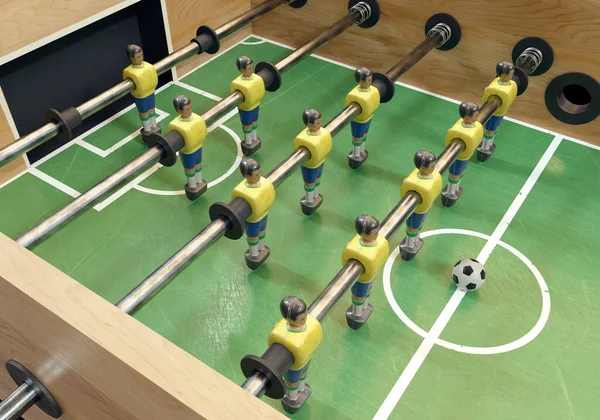 ブラジル代表に似たキットに身に着けている金属製のフィギュアを備えたヴィンテージのサッカーテーブルまたはテーブルサッカーテーブルの片側 3Dレンダリング — ストック写真