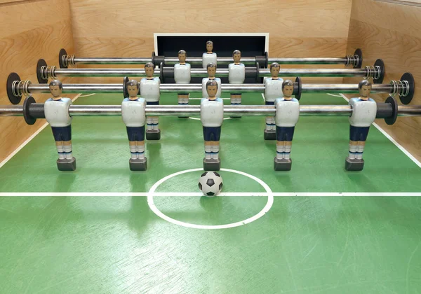 英国代表に似たキットに身に着けているメタルフィギュアのヴィンテージサッカーやテーブルサッカーテーブルの片側 3Dレンダリング — ストック写真